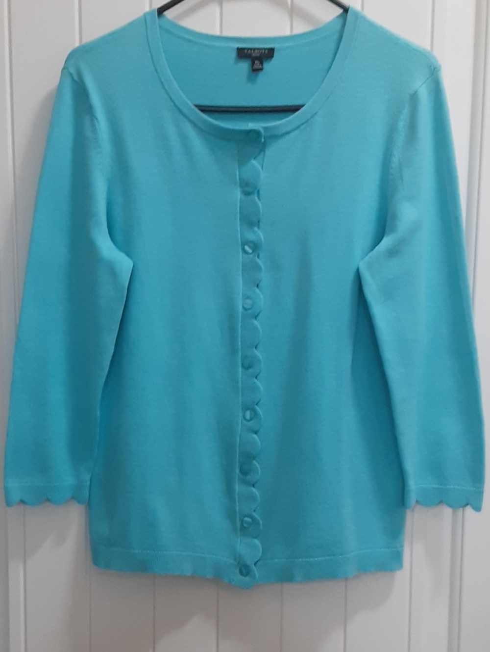 Talbots Petite Charming Cardigan Size MP Teal Blue Scallop Ribbed Knit Sweater